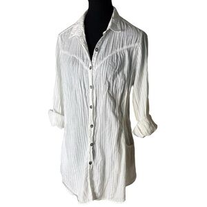 KLEEN White Stripe Button Down Blouse Pockets Lightweight Western Size Medium
